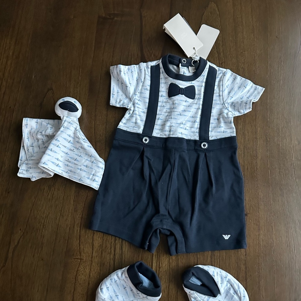 Armani Baby Boy Outfit with booties and blanket toy